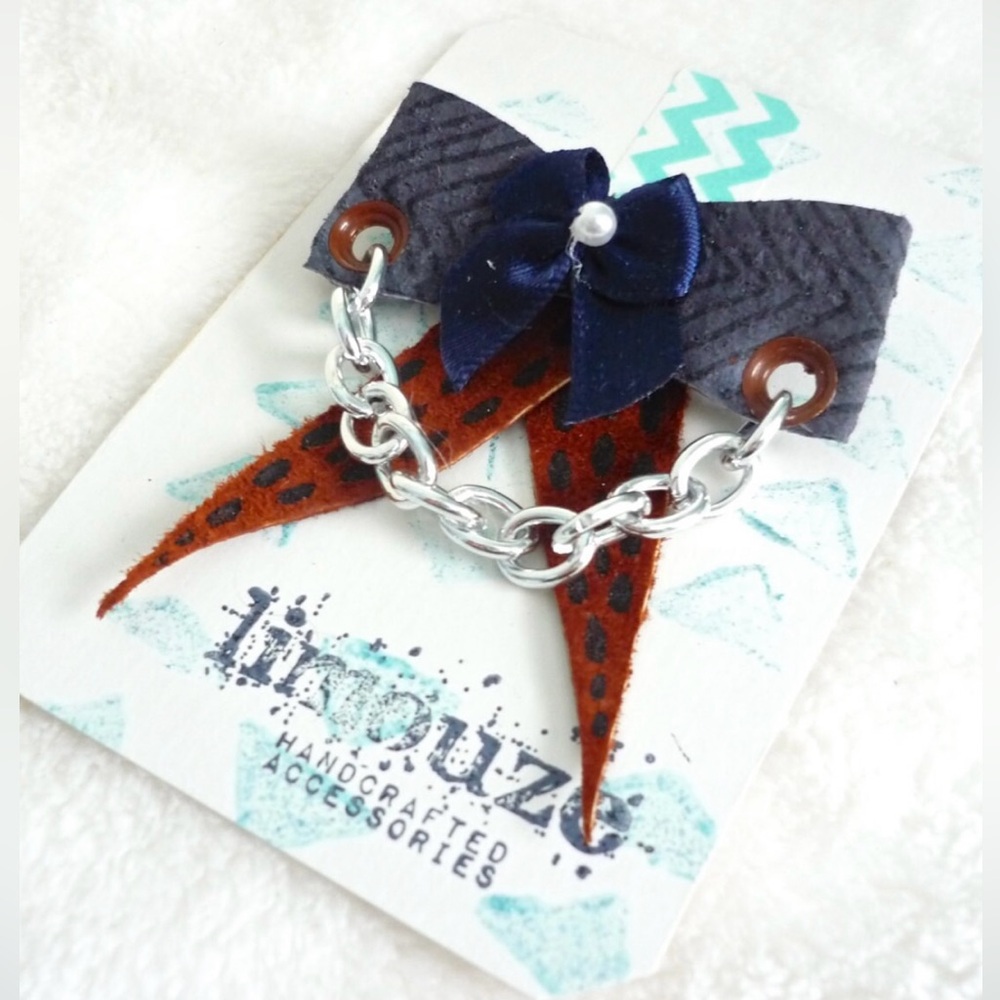Printed Spot & Chevron Leather + Navy Satin Bow Brooch - Handmade by Limouze